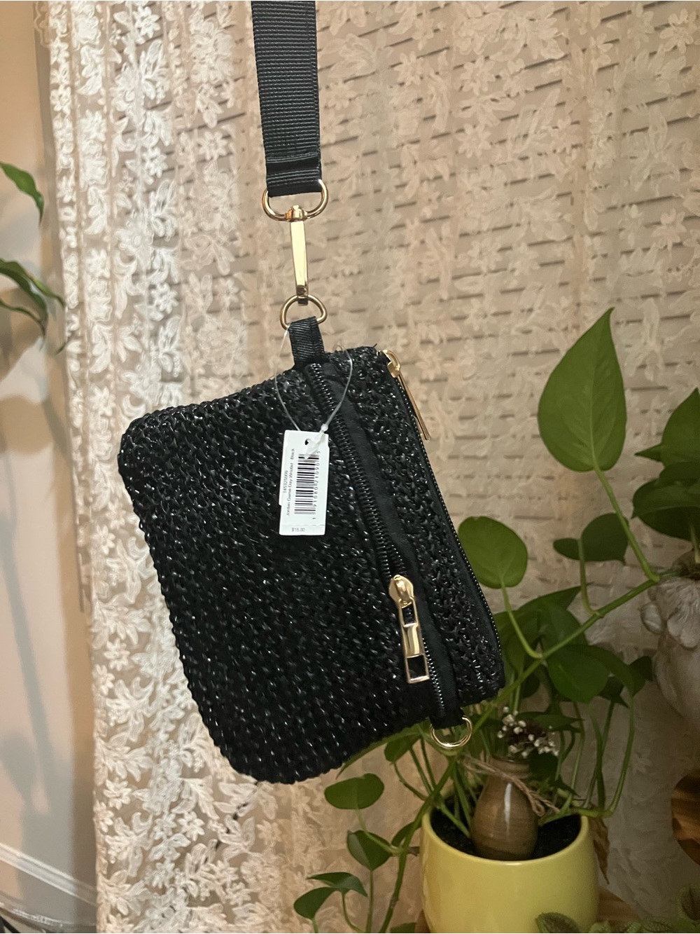 Black Woven Crossbody Pouch with Gold Hardware